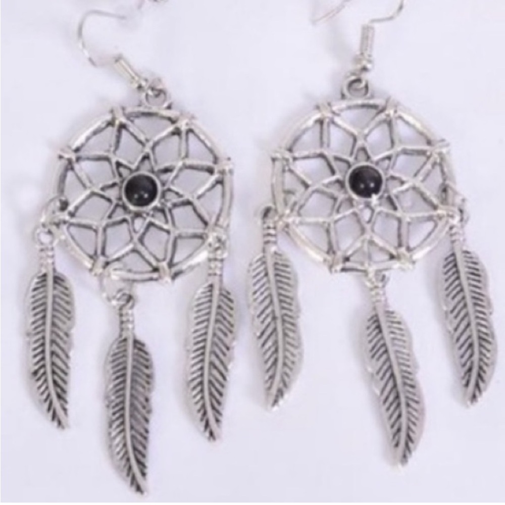 Southwest Silver *Black Dream Catcher Feather Earrings NEW NWT